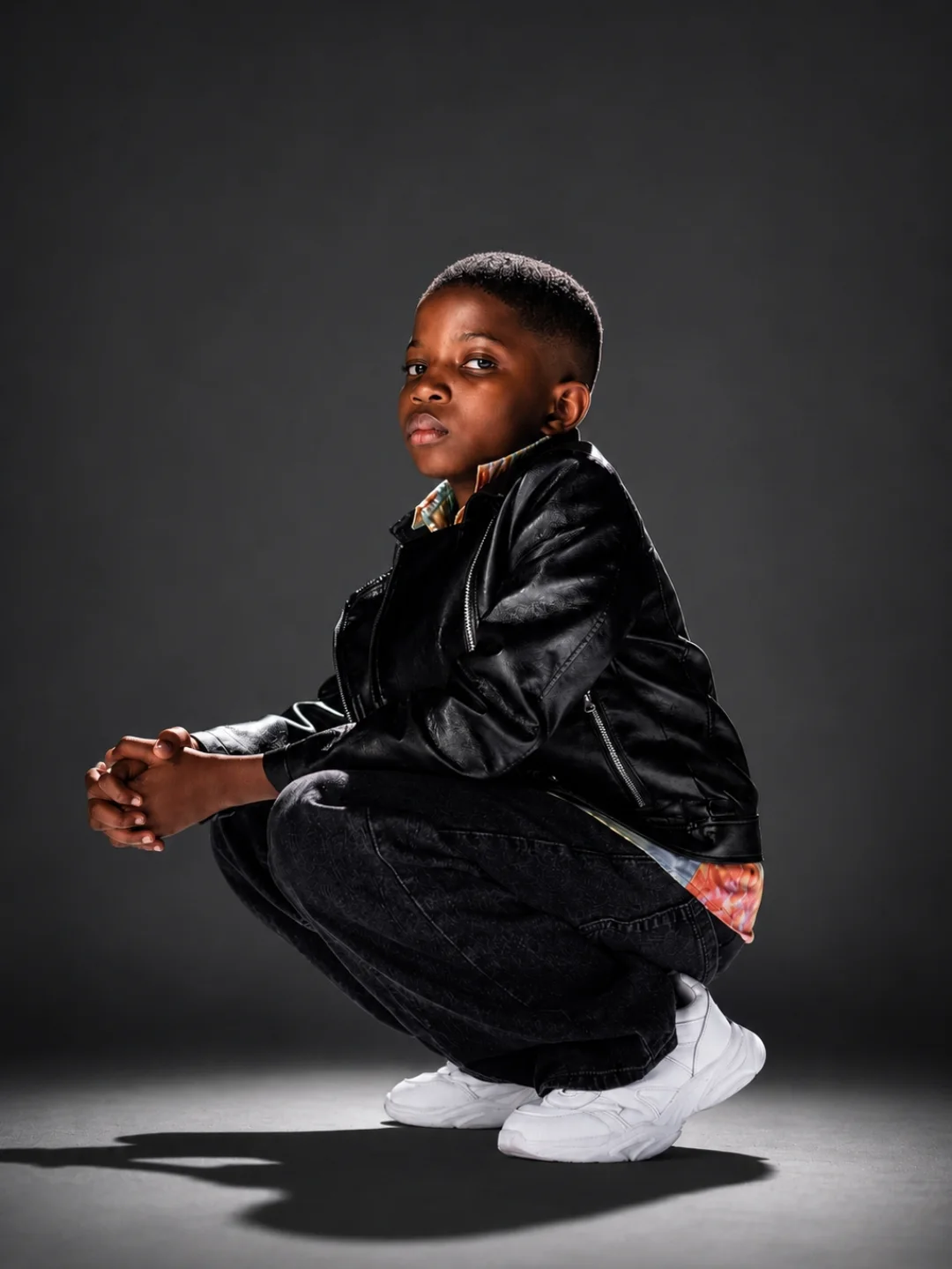 Xade crouching in a leather jacket